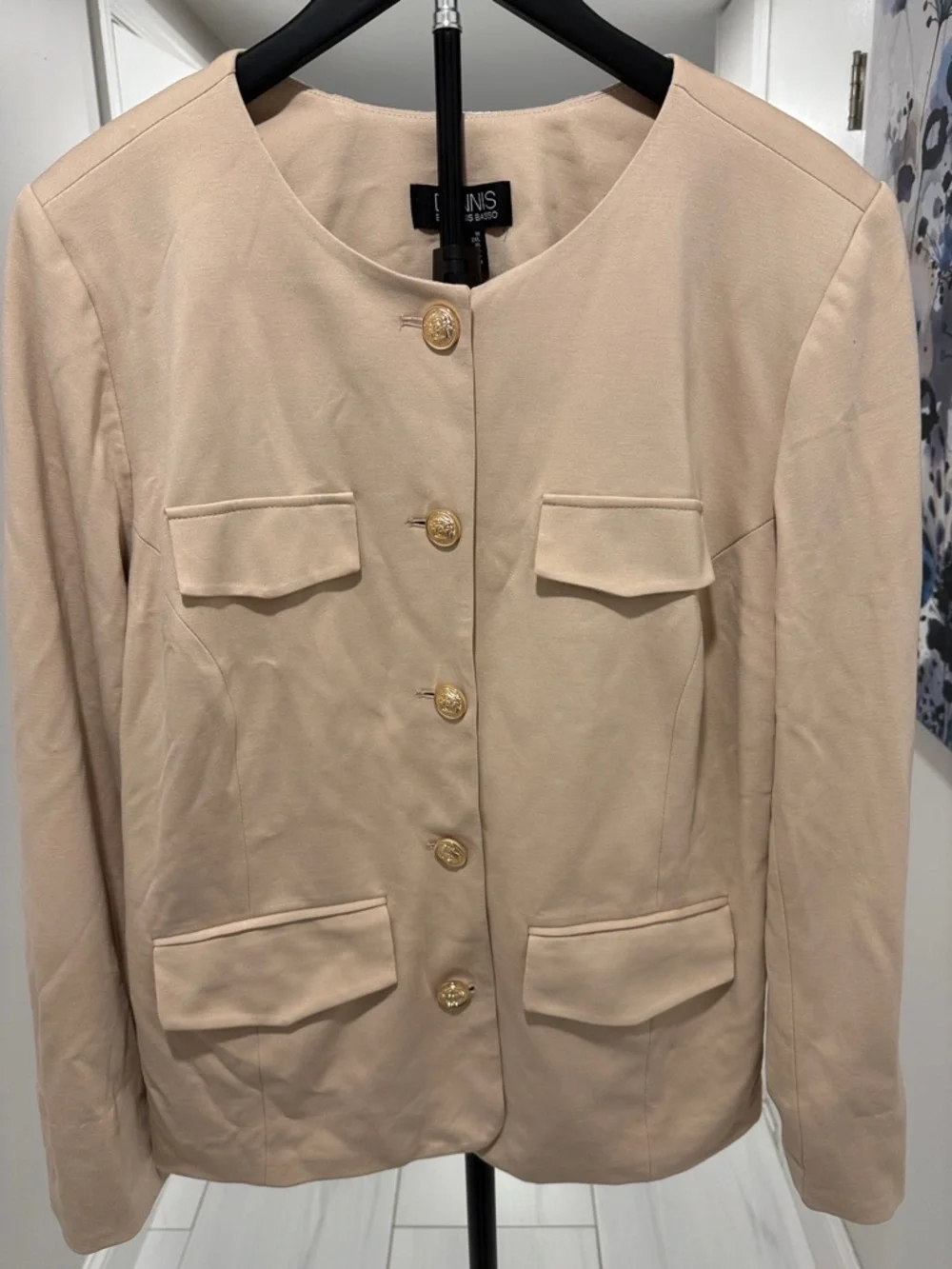 dennis basso Tan Crew-Neck Gold-Button Blazer